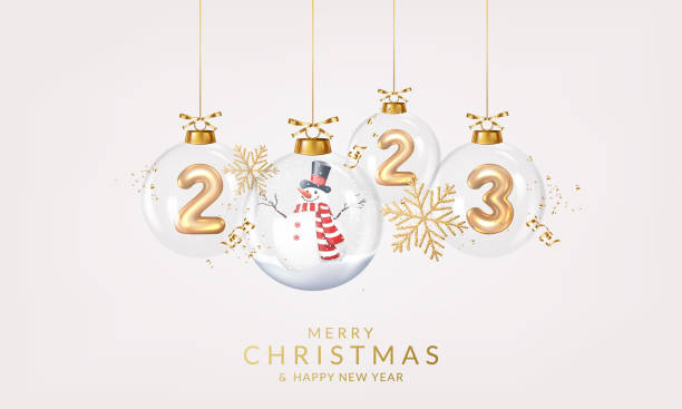 ilustrações de stock, clip art, desenhos animados e ícones de christmas and new year 2023 greeting card with balls, snowman and snowflakes. - balão enfeite ilustrações
