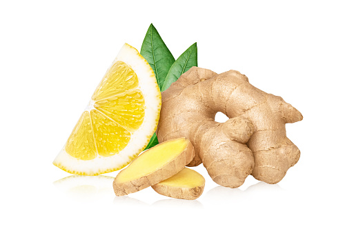 Ginger and lemon isolated on white background. Natural medicine for cold and flu.