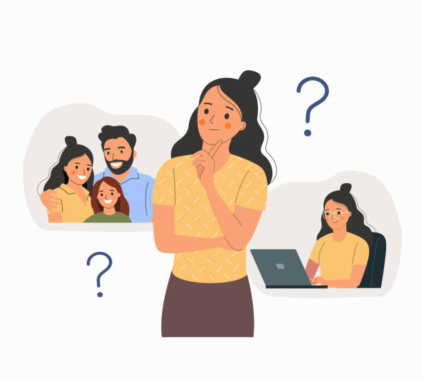 ilustrações de stock, clip art, desenhos animados e ícones de young woman chooses between career and family. question mark in think bubble. - question mark asking problems thinking