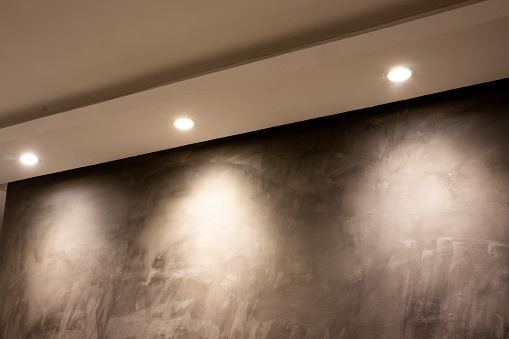 LED spot on plaster in internal space of house, apartment and offices.