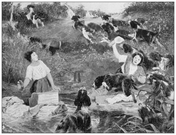 골동품 삽화: "bien aller", gaudefroy - engraving rural scene engraved image men stock illustrations