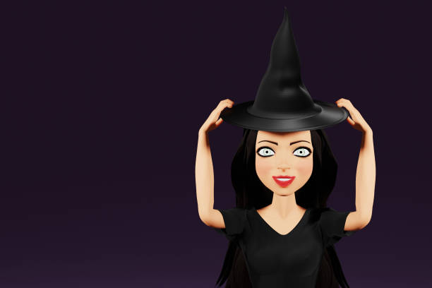 istock Woman character in witch halloween costume with hat on dark background. 3d render 1430360996