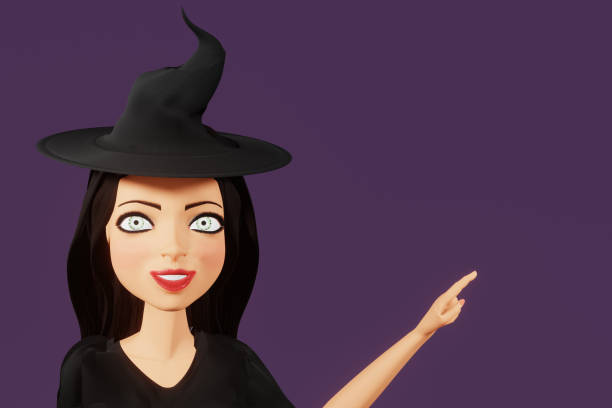 istock Woman character in witch halloween costume with hat points away on blank space  on dark background. 3d render 1430361003