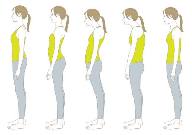 ilustrações de stock, clip art, desenhos animados e ícones de female sideways variation of good and bad posture - good posture