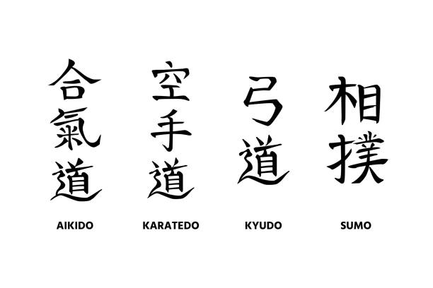 Aikido, Karatedo, Kyudo, Sumo. Set of hand written names of traditional Japanese martial arts Aikido, Karate-do, Kyudo, Sumo. Collection of editable calligraphic hieroglyphs, kanji logos, names of Japanese martial arts kanji symbols stock illustrations