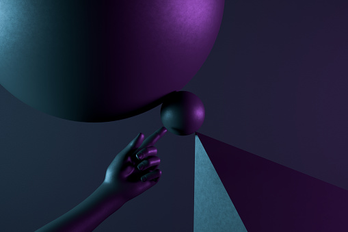 Balance minimal idea concept with supporting human hand, 3d render.
