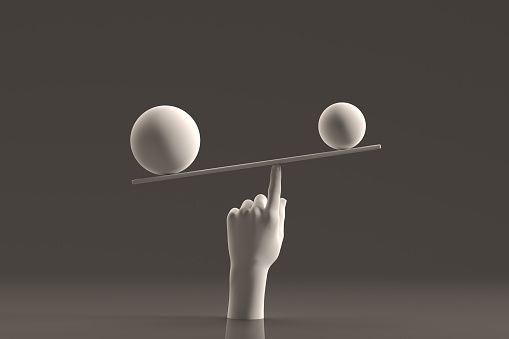 Balance board with human hand, teamwork, minimal concept, business background