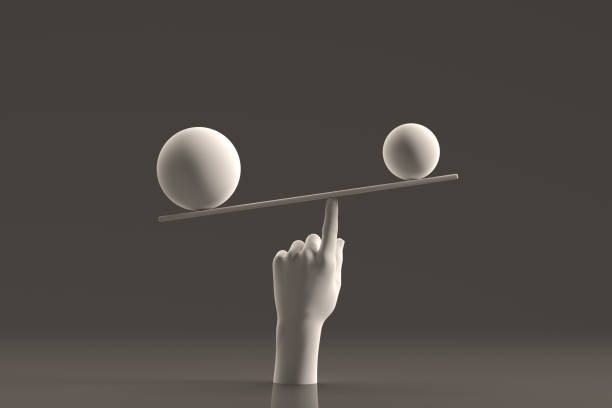 Balance board with human hand, teamwork, minimal concept, business background stock photo