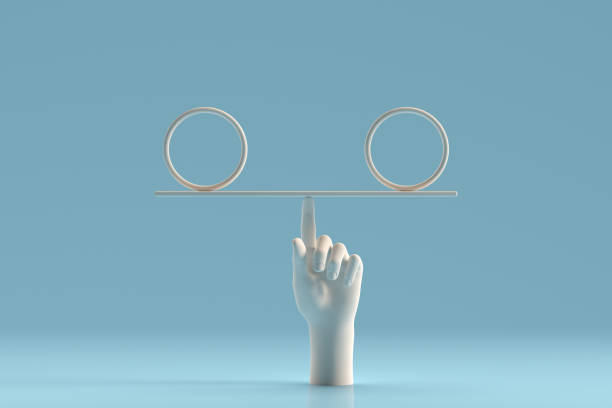 Balance board with human hand, teamwork, minimal concept, business background