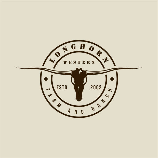 longhorn texas logo wektor vintage ilustracja szablon ikona graficzna. głowa czaszki krowy lub bawołu znak lub symbol dla dzikiej przyrody zwierząt lub biznesu rancza z typografią retro circle badge - texas longhorn cattle horned bull long stock illustrations