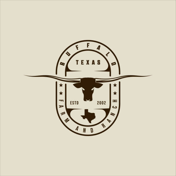 longhorn texas logo vektor vintage illustration vorlage symbol grafikdesign. kopf der kuh oder büffel zeichen oder symbol für tierwelt oder ranch-geschäft mit retro-abzeichen typografie stil - texas texas longhorn cattle cattle ranch stock-grafiken, -clipart, -cartoons und -symbole