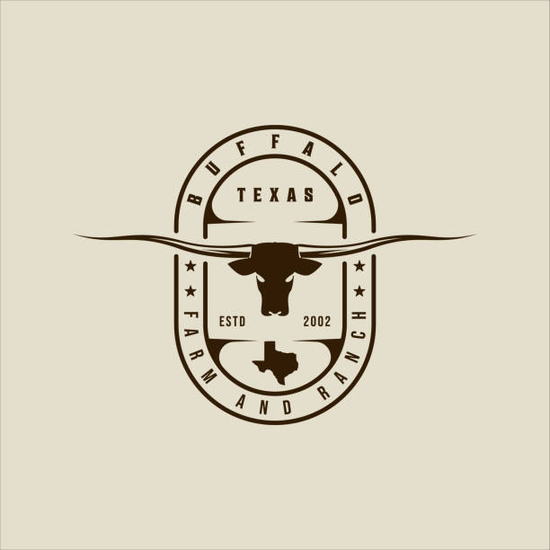 longhorn texas logo wektor vintage ilustracja szablon ikona graficzna. znak lub symbol głowy krowy lub bawołu dla dzikiej przyrody zwierząt lub biznesu rancza z typografią retro odznaki - texas longhorn cattle horned bull long stock illustrations