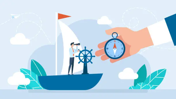 Vector illustration of Businessman in a business suit looks in a telescope standing on a ship. Moving to success in business. An experienced mentor shows the direction on the compass. Curatorship. Vector flat illustration