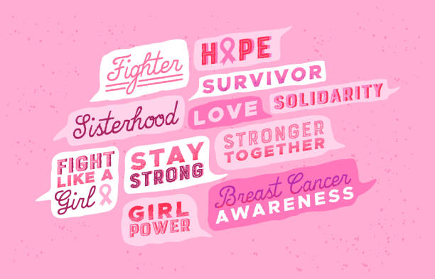 Breast cancer awareness pink inspiration quote set Breast Cancer awareness pink quote set, powerful inspirational words and motivation messages for female medicine. Women health care typography quotes, sticker pack or label collection. brest cancer hope stock illustrations