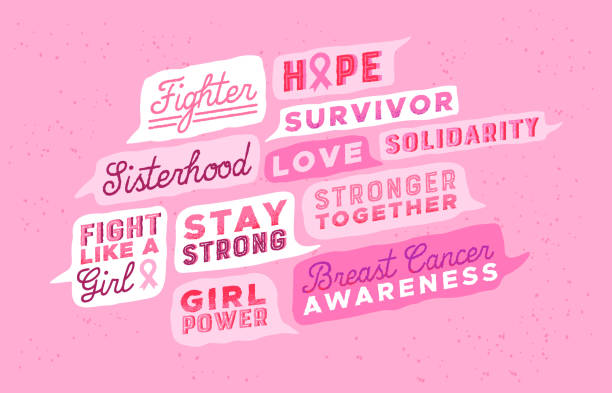 Breast cancer awareness pink inspiration quote set Breast Cancer awareness pink quote set, powerful inspirational words and motivation messages for female medicine. Women health care typography quotes, sticker pack or label collection. optimism background stock illustrations