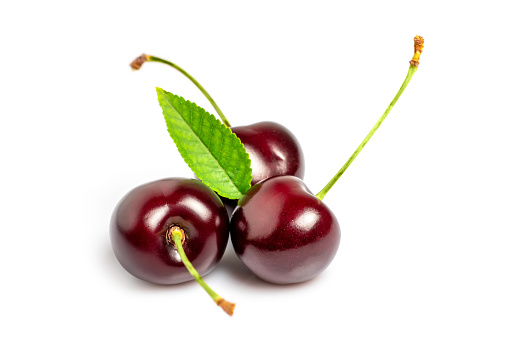 Sweet cherries with cherry leaf isolated on a white background