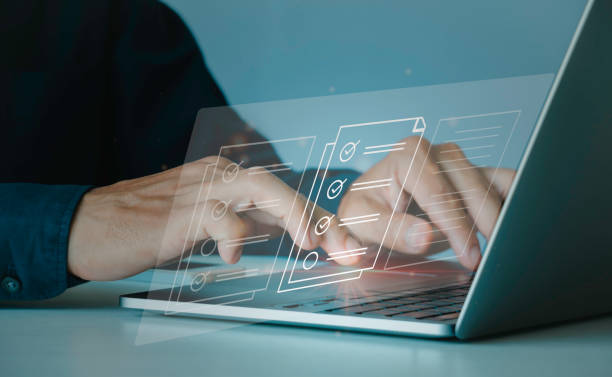 istock Quick checklist and clipboard task management, filling survey forms online. Document Management System (DMS) and process automation to efficiently manage files, Corporate business technology. 1430370902