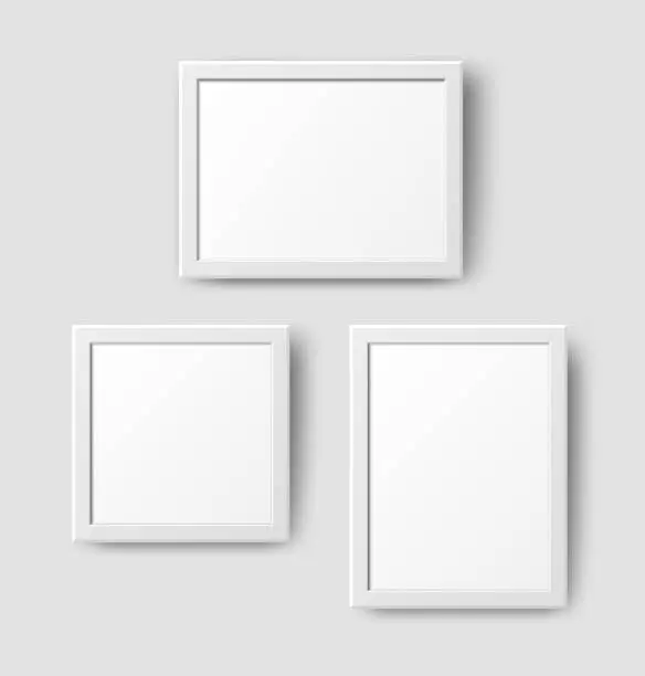 Vector illustration of Realistic Empty Wall Photo Frame set. Vector white picture frames collage mockup template with shadow on grey wall background. Mockup for poster, banner, photo gallery, painting design, presentation