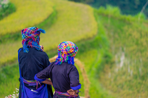 Mu Cang Chai, Vietnam - 24 Sep 2022: Hmong ethnic minority people in Mu Cang Chai, Yen Bai. Mu Cang Chai is a district famous for many terraced rice fields. North of Vietnam.