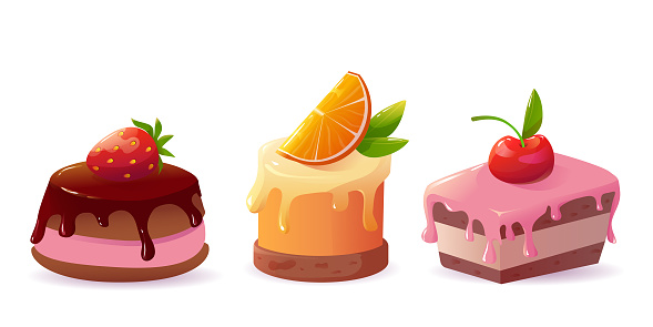 a set of sweet desserts, cakes decorated with icing with berries and fruits. vector illustration