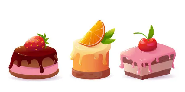 Vector illustration of a set of sweet desserts, cakes decorated with icing with berries and fruits. vector illustration