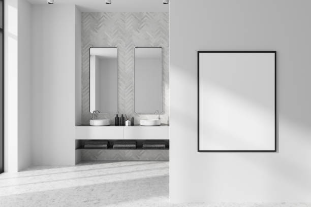 istock Light bathroom interior with double sink and mirror. Mock up frame 1430374833