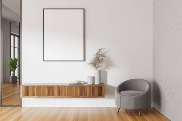 istock Light living room interior with drawer and decoration. Mockup frame 1430375609