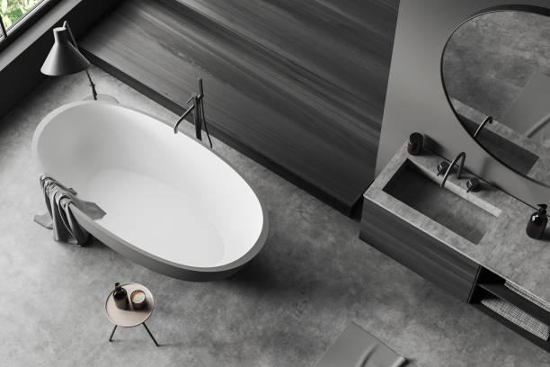 istock Top view of grey bathroom interior with tub and sink, panoramic window 1430375635