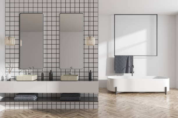 istock Light bathroom interior with two washbasin and tub, accessories 1430376757