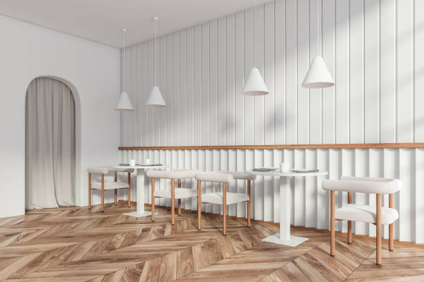 istock Light cafe interior with seats and table, arch door 1430376938