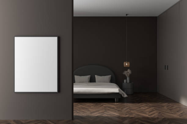 istock Brown bedroom interior with bed and nightstand with decoration. Mockup frame 1430377552