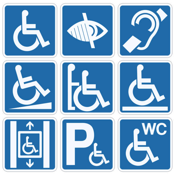 Collection of handicap information signs (flat) Collection of different blue square information panels on disability, with parking space, elevator, access ramp, toilet, reserved for the disabled and the symbol of the visually impaired and hearing impaired wheelchair lift stock illustrations