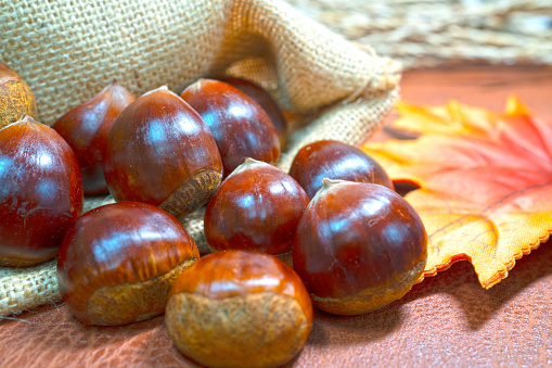 Various fresh autumnal fruits in a wicker basket with orange and yellow leaves. Grapes, apples, pear, walnuts and chestnuts against green grass background