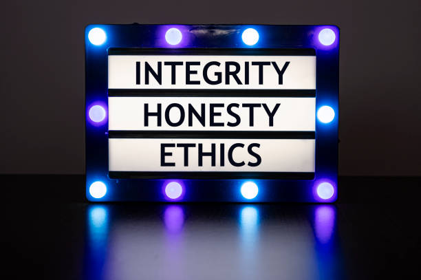 istock Lightbox with blue lights in dark room with words - integrity, honesty, ethics. 1430387380