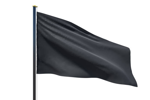 istock Blank black flag waving in the wind with copyspace for your logo or text isolated on white background. 3D rendering, mock up 1430388087