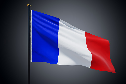 Flag of France country waving in the wind with copyspace for your logo or text isolated on dark grey background. 3D rendering