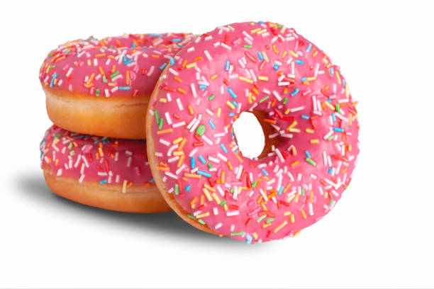 istock Stack of glazed donuts with pink icing. Isolated on white background. 1430392331