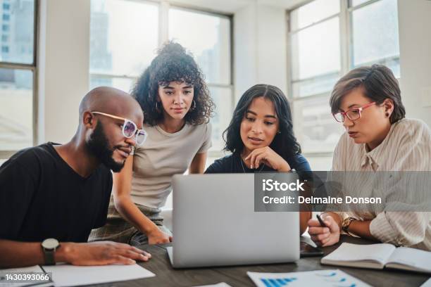 Creative Startup And Team Webinar On Laptop For Professional Internet Communication In Office Web Design And Diverse Company People In Business Video Conference With Wifi Connection Stock Photo - Download Image Now
