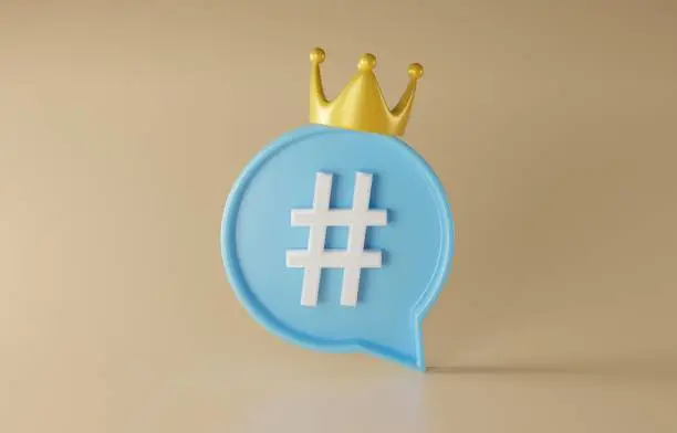 Photo of Speech bubble of hashtag with crown, popular or trendy online content, creative hashtag for digital marketing concept, 3d render illustration.