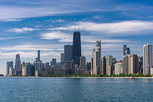 OUTDOOR PANORAMICS OF CHICAGO WITH SKYSCRAPERS AND MICHIGAN LAKE