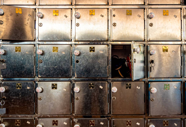 istock Full frame close-up of the old and scratched stainless lockable closet 1430396414