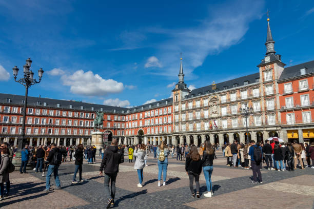 People on Plaza Mayor (town square) in Madrid Spain stock photo