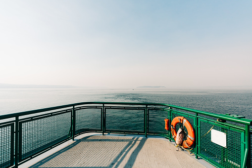 View from the front of a ferry with wildfire haze in the sky in Mukilteo, Washington, United States