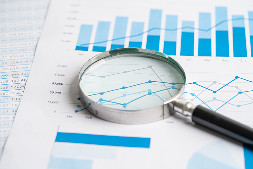 Magnifying glass on chart graph spreadsheet paper. Financial development, Banking Account, Statistics, economy, Stock exchange trading, Business office company meeting concept.