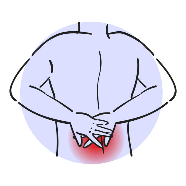 ilustrações de stock, clip art, desenhos animados e ícones de pain in the back. person feel spinal ache - low back