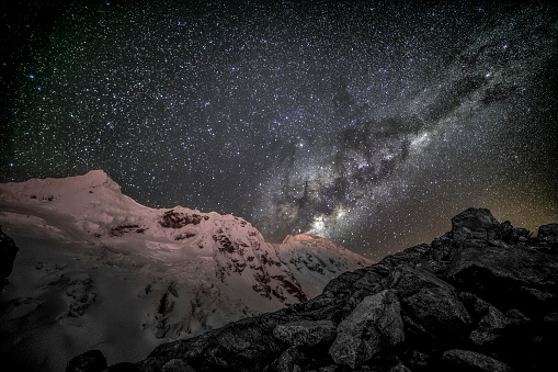 the Milky Way above Tocllaraju in Peru in Huaraz, Ancash, Peru