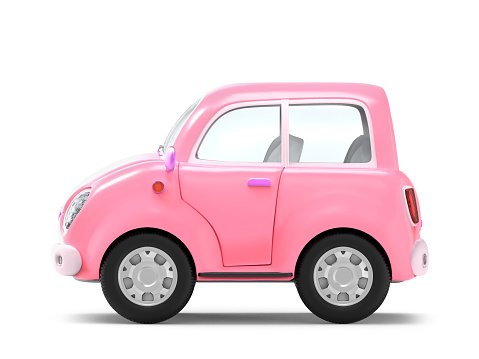 Pink small cute trip car, side view, isolated on white. 3d illustration