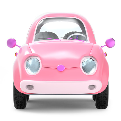 Pink small cute trip car, front view, isolated on white. 3d illustration