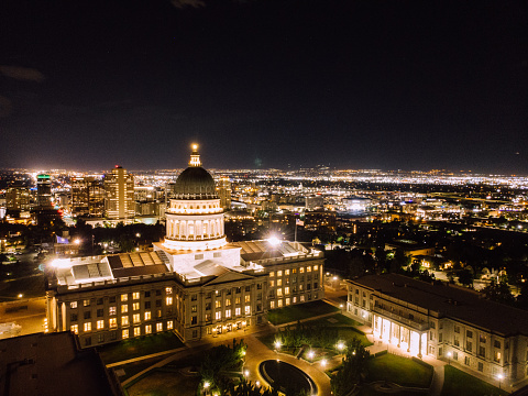 Drone Shot of the Utah State Capitol In Downtown Salt Lake City at Night