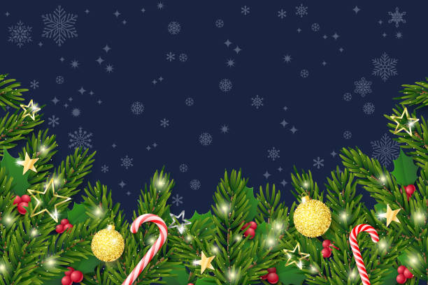 vorlage für weihnachten und neujahr. tannenbaum mit weihnachtlich realistischen ornamenten - christmas holiday vacations candy cane stock-grafiken, -clipart, -cartoons und -symbole